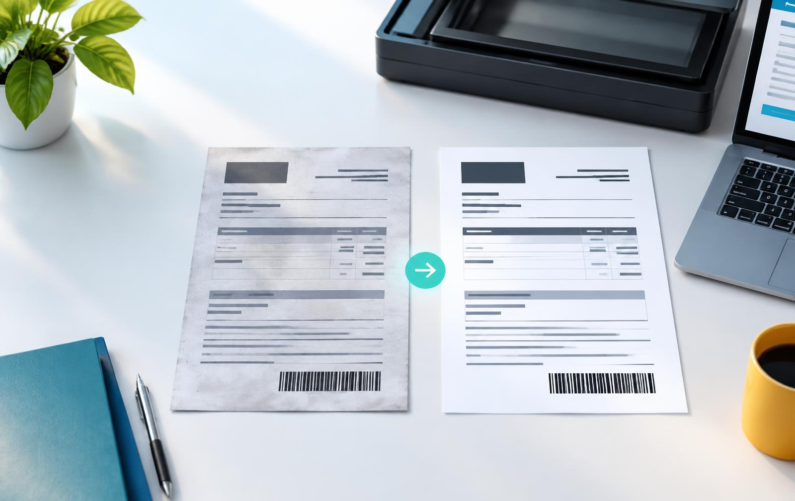 Antes e depois de um documento escaneado tratado, com código de barras mais nítido